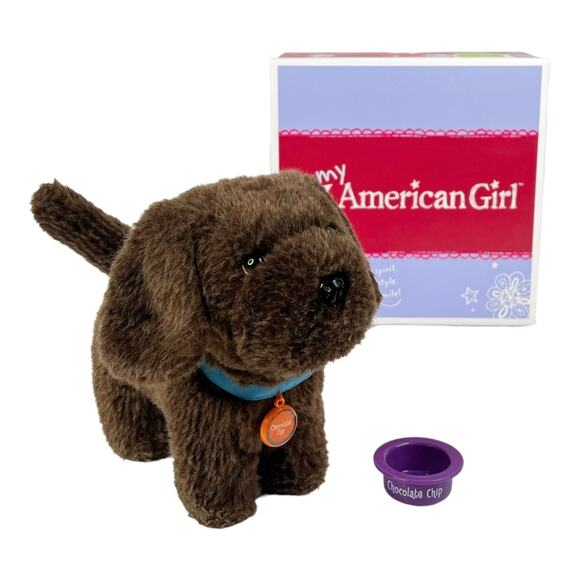 American Girl Pet Dog Bowl Collar Chocolate Chip Brown Labrador Retriever Plush - Picture 7 of 8